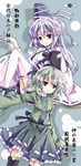  bad_id bad_pixiv_id bondson dress frilled_skirt frills green_eyes green_hair green_skirt grey_eyes hat japanese_clothes medium_skirt mononobe_no_futo multiple_girls open_mouth ponytail print_skirt short_hair silver_hair skirt skirt_set smile soga_no_tojiko tate_eboshi thighhighs touhou 