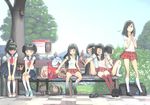  akinbo_(hyouka_fuyou) animal bad_id bad_pixiv_id bird black_eyes black_hair blue_skirt brown_eyes brown_hair duck long_hair miniskirt multiple_girls original panties pantyshot pantyshot_(sitting) plaid plaid_skirt pleated_skirt red_skirt school_uniform serafuku sitting skirt striped striped_skirt underwear white_panties 