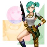  alternate_hairstyle asymmetrical_clothes bandaid bandaid_on_face bandaid_on_knee belt blue_hair breasts bulma collarbone covered_nipples dragon_ball dragon_ball_(classic) dragon_ball_z elbow_gloves gloves goggles goggles_around_neck goh green_eyes gun hand_on_hip medium_breasts one_side_up shirt short_hair solo tank_top taut_clothes taut_shirt weapon 