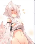  :&lt; animal_ears bad_hands blush bottomless bridal_gauntlets detached_sleeves fake_scrollbar groin highres inubashiri_momiji kazami_ryouya navel orange_eyes out-of-frame_censoring shirt_lift short_hair silver_hair solo tail tears touhou upper_body white_hair wolf_ears wolf_tail 