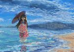  antenna_hair beach ganaha_hibiki green_eyes hair_ornament hanagasa highres idolmaster idolmaster_(classic) japanese_clothes long_hair ryuusou solo tommy_(chou_shindou_boots) umbrella 