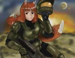 animal_ears assault_rifle bb_(baalbuddy) cosplay crossover gun halo_(game) holo long_hair master_chief master_chief_(cosplay) pun red_eyes red_hair rifle solo spice_and_wolf tail weapon wolf_ears wolf_tail 