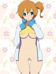  1girl bee-j1 blush breasts green_eyes highres jacket kasumi_(pokemon) makoto_daikichi navel nipples orange_hair pokemon pubic_hair pussy short_hair side_ponytail solo standing uncensored underboob 