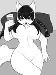  anthro beverage big_breasts black_and_white braid breasts canine female glass greyscale mammal monochrome nude pigtails pillow solo spazzykoneko wide_hips 