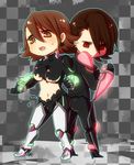  breasts brown_eyes brown_hair chibi dark_persona dual_persona garuko genderswap genderswap_(mtf) glowing h-01 kaburagi_t_kotetsu medium_breasts multiple_girls power_armor power_suit red_eyes short_hair spoilers superhero tiger_&amp;_bunny torn_clothes underboob wild_tiger 