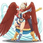  :d back-to-back bird biri_(artist) blue_eyes blue_footwear boots braviary from_behind fuuro_(pokemon) gen_5_pokemon gloves hair_ornament midriff navel open_mouth personification pointing pokemon pose red_hair short_shorts shorts smile white_background wings 