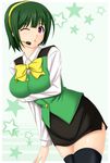  ;o bad_id bad_pixiv_id black_legwear black_skirt bow breast_hold breasts green_hair hairband headset idolmaster idolmaster_(classic) large_breasts miniskirt mole mole_under_mouth one_eye_closed otonashi_kotori pencil_skirt shishiki_mikoto short_hair skirt solo star thighhighs yellow_hairband zettai_ryouiki 