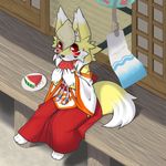  canine clothed clothing dog dojo eating facial_markings female food fox japanese_clothing kame_3 kimono mammal markings plate red_eyes seed shrine_maiden sitting solo watermelon 