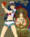  beads belt bodhyangi_mudra brown_hair buddha crop_top crop_top_overhang green_eyes groin hat lotus_pedestal lotus_position mala_(object) midriff mudra murasa_minamitsu navel open_mouth prayer_beads sailor scroll short_hair shorts solo stretched_earlobes touhou tsurui urna vairocana 