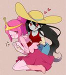  adventure_time anger_vein bite_mark black_hair blush boots dress gloves hat long_hair marceline_abadeer moorina multiple_girls pink_eyes pink_hair princess_bonnibel_bubblegum red_eyes simple_background tank_top vampire very_long_hair yuri 