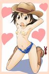  animal_ears armpits arms_behind_head arms_up bandaid bandaid_on_face black_hair boots brave_witches brown_eyes cowboy_hat cutoffs denim denim_shorts fang full_body hat heart kanno_naoe kneeling navel open_mouth pasties shimohara_sadako short_shorts shorts solo star star_pasties takanaga_kouhei unbuttoned western world_witches_series 