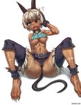  animal_ears aqua_eyes areola_slip areolae bandages barefoot bob_cut breasts cameltoe claws dark_skin detached_leggings feet fingerless_gloves gloves halter_top halterneck highres large_breasts md5_mismatch ms._fortune_(skullgirls) muscle navel open_mouth partially_visible_vulva scar short_hair short_shorts shorts sitting skullgirls solo speh spread_legs tail underboob wince 