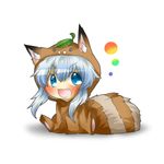  animal_costume animal_ears bad_id bad_pixiv_id blue_eyes blue_hair blush chibi cosplay fang futatsuiwa_mamizou futatsuiwa_mamizou_(cosplay) futatsuiwa_mamizou_(tanuki) glasses kamishirasawa_keine leaf leaf_on_head long_hair minigirl open_mouth pince-nez raccoon_ears raccoon_tail rebecca_(keinelove) sitting solo tail tanuki tanuki_costume touhou 