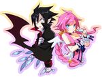  1girl angel_and_devil angry bat_wings black_hair blue_eyes braid breasts choker cleavage disgaea fish frills gloves hair_tubes long_hair makai_senki_disgaea_4 medium_breasts nuno pink_hair pointy_ears red_eyes sidelocks spiked_hair valvatorez_(disgaea) vulcanus_(disgaea_4) white_gloves wings wrist_cuffs 