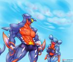  abs anthro anthrofied bandage bikini black_sclera breasts clothed clothing dual_wielding duo female gabite hi_res holding_object holding_weapon knife larger_male looking_at_viewer male mega_evolution mega_garchomp muscular muscular_male nintendo one_eye_closed open_mouth outside pok&eacute;mon pok&eacute;mon_(species) scar sharp_teeth shorts size_difference slightly_chubby smaller_female smile spikes swimsuit teeth topless video_games vipery-07 weapon wide_hips wink yellow_eyes 