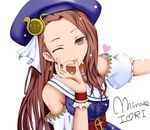  brown_eyes brown_hair hat heart highres idolmaster idolmaster_(classic) idolmaster_2 kumaguma long_hair looking_at_viewer minase_iori one_eye_closed palace_of_dragon_(idolmaster) simple_background solo wrist_cuffs 