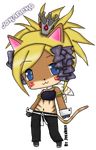  blonde_hair blue_eyes brown brown_fur cat chibi clothing crown cute feline female fur gaia_online hair jokaneko mammal midriff navel pants solo stripes tail 