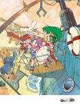  2girls creature feena_(grandia) friends from_above grandia grandia_i hair_ornament highres hontani_toshiaki house hug justin_(grandia) logo long_hair looking_at_viewer low-tied_long_hair multiple_girls official_art puui_(grandia) ship sue_(grandia) watercraft wind 