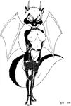  anthro black_and_white breasts clothed clothing collar demon demona_(joe_rosales) desiree_lee fangs female horn looking_at_viewer mammal monochrome nipples plain_background pussy skimpy skunk solo spiked_collar succubus white_background wings 
