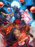  black_skin braid brown_hair clenched_teeth cover energy evil_ryuu fangs fingerless_gloves fingernails game_cover gloves glowing glowing_eyes glowing_hair gouki hat highres kicking kuruoshiki_oni male_focus multiple_boys muscle ponytail punching red_hair ryuu_(street_fighter) sharp_fingernails shirt shirtless signature single_braid sleeveless sleeveless_shirt stanley_lau street_fighter street_fighter_iv_(series) teeth white_hair wristband yang_lee yun_lee 