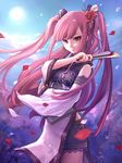  bad_id bad_pixiv_id chinese_clothes detached_sleeves fan flower folding_fan hair_flower hair_ornament hair_ribbon highres lace long_hair looking_at_viewer moon petals pink_eyes pink_hair ribbon sangokushi_taisen shuuki smile solo twintails y-chan 