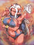  breasts cleavage covered_nipples dragon_quest dragon_quest_x fur hisahiko horns huge_breasts long_hair navel ogre_(dq10) pointy_ears red_eyes red_skin shoulder_spikes solo spikes tail white_hair 