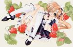  breasts brown_hair copyright_request cream food fruit highres maid minigirl nipples oversized_object ramiya_ryou sexually_suggestive small_breasts solo strawberry suggestive_fluid twintails wrist_cuffs 