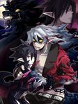  angry bad_id bad_pixiv_id black_hair blood cape chain coat disgaea fang fenrich_(disgaea) hand_on_shoulder long_hair long_pointy_ears makai_senki_disgaea_4 male_focus monster moon multicolored_hair multiple_boys pants pointy_ears red_eyes red_hair saliva torn_clothes transformation tsukiko_(meltdown) two-tone_hair valvatorez_(disgaea) white_hair yellow_sclera 