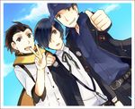  bad_id bad_pixiv_id black_hair blue_eyes blue_hair digital_media_player hair_over_one_eye hat headphones iori_junpei male_focus mentaishi mochizuki_ryouji multiple_boys persona persona_3 scarf school_uniform smile suspenders v yuuki_makoto 