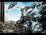  dopp gaw gouf_custom gundam gundam_08th_ms_team kaz_(kaz323) kneeling letterboxed mecha no_humans rubble sd_gundam shell_casing shield signature text_focus 