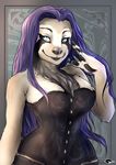  blue_eyes breasts corset female hair invalid_tag long long_hair purple_hair shalinka sloth smile solo 