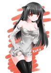  animal_ears black_hair black_legwear breasts cat_ears catstudioinc_(punepuni) cleavage dress dress_lift finger_to_mouth grey_dress kuro_(miku_plus) long_hair medium_breasts off_shoulder older original red_eyes smile solo sweater sweater_dress thighhighs zettai_ryouiki 