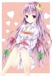  book book_hug bow breasts cleavage convenient_censoring crescent crescent_hair_ornament hair_bow hair_ornament heart holding holding_book long_hair mizumidori no_hat no_headwear no_pants open_mouth patchouli_knowledge pink_eyes purple_hair shirt sitting small_breasts solo touhou 
