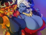  anthro big_breasts breasts cleavage clothed clothing dbd dragon duo female hair horn huge_breasts lilly_(dbd) looking_at_viewer nipple_bulge open_mouth selfie slightly_chubby smile swimsuit voluptuous 