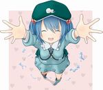  ^_^ backpack bag boots closed_eyes face foreshortening from_above hands heart heart_background incoming_hug kawashiro_nitori key looking_up outstretched_arms smile solo standing takaha_(haiburijji) touhou water 