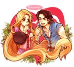  1girl bad_id bad_pixiv_id beard blonde_hair brown_hair english facial_hair flynn_rider frying_pan heart kanapy long_hair rapunzel_(disney) tangled very_long_hair 