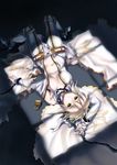  3_(zephyr) bdsm belt blonde_hair bodysuit bondage bound breasts center_opening chain cleavage fate/extra fate/extra_ccc fate_(series) green_eyes highres lock lying medium_breasts nero_claudius_(bride)_(fate) nero_claudius_(fate)_(all) open_clothes padlock solo unzipped 