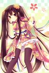  amane_kurumi black_hair black_legwear blush flower frills hair_flower hair_ornament japanese_clothes kimono kimono_skirt long_hair looking_at_viewer original solo standing thighhighs very_long_hair zettai_ryouiki 