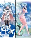  angel_wings artist_request ass back bare_shoulders barefoot bikini black_legwear blue_eyes blue_hair blush boots breasts chain cleavage cloud collar dakimakura highres innertube kneepits long_hair mountain multiple_views nymph_(sora_no_otoshimono) official_art open_mouth shirt_tug sky small_breasts smile sora_no_otoshimono swimsuit thighhighs towel twintails very_long_hair wet wings 