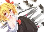  ascot bare_shoulders bespectacled blonde_hair blush bow breasts cleavage downblouse dress fang foreshortening glasses hair_bow looking_at_viewer looking_up medium_breasts no_bra off_shoulder ogami_kazuki open_mouth perspective red-framed_eyewear red_eyes rumia short_hair solo touhou 