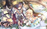  1girl :d archbishop armor black_hair blonde_hair blue_eyes breasts cape cleavage cross gauntlets greaves hair_over_one_eye highres kneeling long_hair medium_breasts open_mouth ragnarok_online royal_guard shield shoulder_armor sitting smile spaulders thighhighs white_legwear yokozuwari 