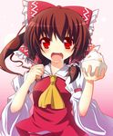  1girl ascot bad_id bad_pixiv_id bow bowl brown_hair chestnut chopsticks food hair_bow hair_ribbon hair_tubes hakurei_reimu highres open_mouth red_eyes ribbon rice rice_bowl saliva shefu short_hair smile solo touhou 