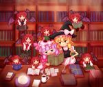  :d =_= ^_^ apron bat_wings black_skirt blush book bookshelf bow cameo chibi chibi_on_head clone closed_eyes coffee crescent crystal_ball cup demon_tail floating hair_bow hand_on_hip hat hat_bow head_wings holding holding_book kaname_madoka kirisame_marisa koakuma library long_hair mahou_shoujo_madoka_magica miniskirt multiple_girls necktie no_mouth notepad object_on_head on_head open_book open_mouth patchouli_knowledge person_on_head purple_eyes purple_hair quill reading red_eyes red_hair sasshii skirt smile tail touhou vest voile waist_apron wings witch_hat 