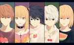  4boys amane_misa apple bangs black_hair black_nails blonde_hair blue_background brown_background cherry choker collar collarbone column_lineup cross death_note food fruit green_background hair_between_eyes holding holding_food holding_fruit l_(death_note) light_smile lips looking_at_viewer looking_down mello multiple_boys nail_polish near nostrils orange out_of_character purple_background saik short_hair smile spiked_hair strawberry tongue tongue_out two_side_up watermelon white_hair yagami_light yellow_eyes 
