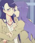  bad_id bad_pixiv_id blue_eyes blush eyelashes glasses heartcatch_precure! kurumi_momoka lavender_hair long_hair mouth_hold multiple_girls myoudou_gakuen_high_school_uniform negom precure purple_eyes purple_hair ribbon school_uniform tsukikage_yuri yuri 