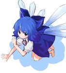  barefoot blue_eyes blue_hair blush bow cirno from_above full_body hair_bow looking_at_viewer looking_up mirino simple_background sketch smile solo touhou wings 