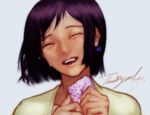  black_hair closed_eyes earrings heart jewelry open_mouth portrait rukiana signature simple_background smile solo tears the_king_of_fighters whip_(kof) 