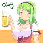  alcohol beer beer_mug breasts cleavage dirndl dress german german_clothes green_hair hairband large_breasts long_hair meow_(nekodenki) mole oktoberfest original red_eyes smile solo traditional_clothes waitress 