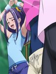  aerobics armpits arms_up blue_shirt closed_eyes covered_navel exercise haruyama_kazunori houjou_hibiki kurokawa_eren long_hair minamino_kanade multiple_girls one_side_up open_mouth precure purple_hair seiren_(suite_precure) shirt suite_precure sweat wristband 