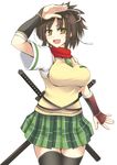  asuka_(senran_kagura) black_legwear black_thighhighs blush breasts brown_hair deni fingerless_gloves gloves hair_ribbon large_breasts necktie open_mouth plaid ribbon scarf school_uniform senran_kagura senran_kagura_(series) short_hair skirt smile solo sweater_vest sword tartan thighhighs weapon yellow_eyes zettai_ryouiki 